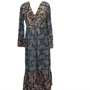 NWT Debbie Katz South Beach Vera Maxi Dress Boho Buttondown Long sleeve Blue M